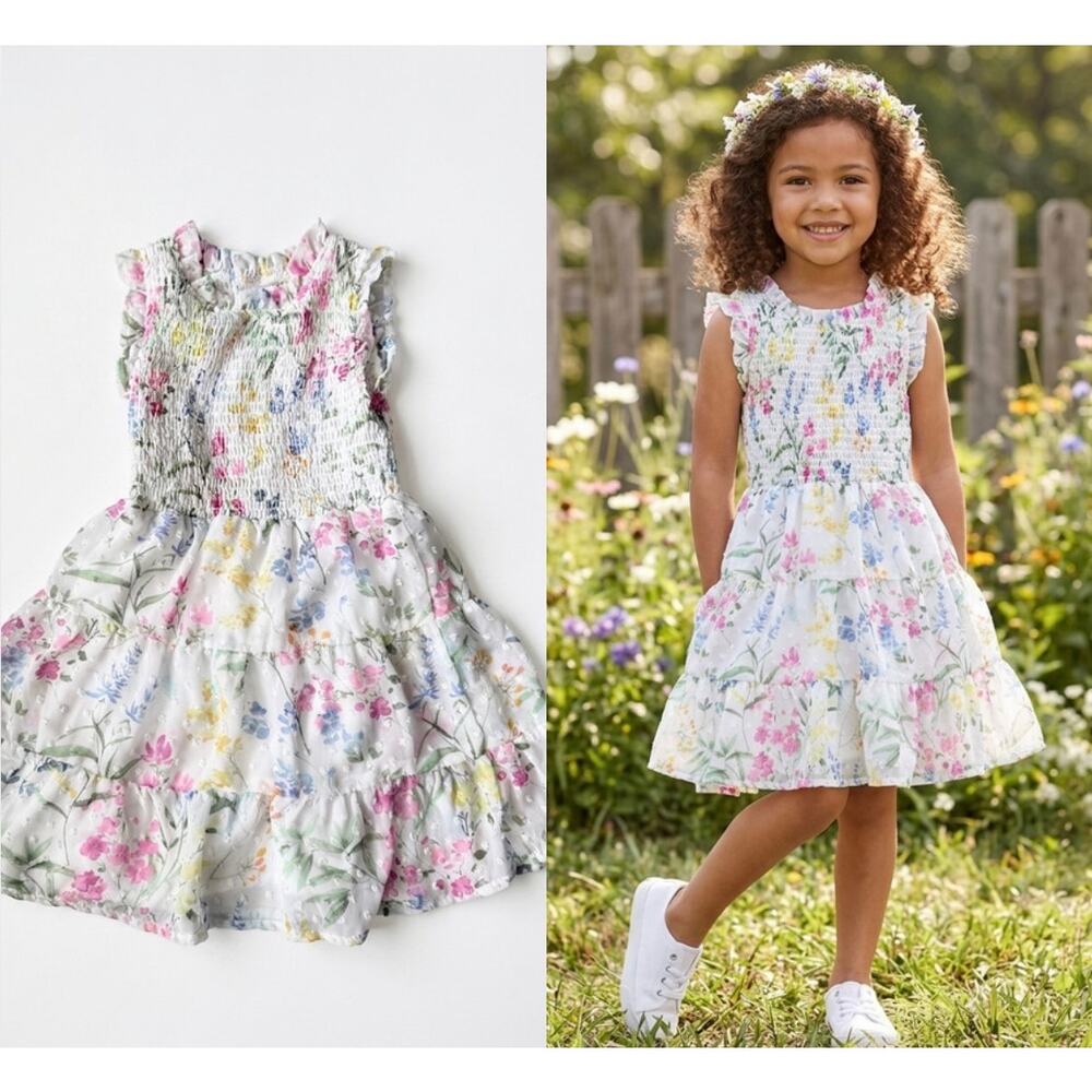 Gymboree Floral Smocked Tiered Clip Dot Dress White Pink Blue 5T